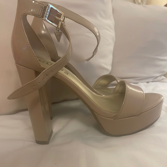 Guess Platform Patent Beige Sandal Heels with Charm - Picture 2 of 11